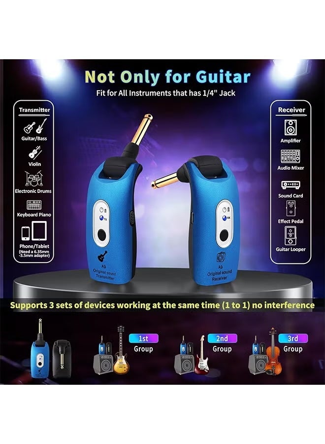 نظام جيتار لاسلكي A9 2.4 جيجا هرتز بطارية ليثيوم قابلة لإعادة الشحن مدمجة جهاز إرسال واستقبال صوتي لاسلكي قابل للدوران 270 درجة للجيتار الصوتي والباس والكمان ولوحة المفاتيح والأدوات الكهربائية، أزرق - Image 4